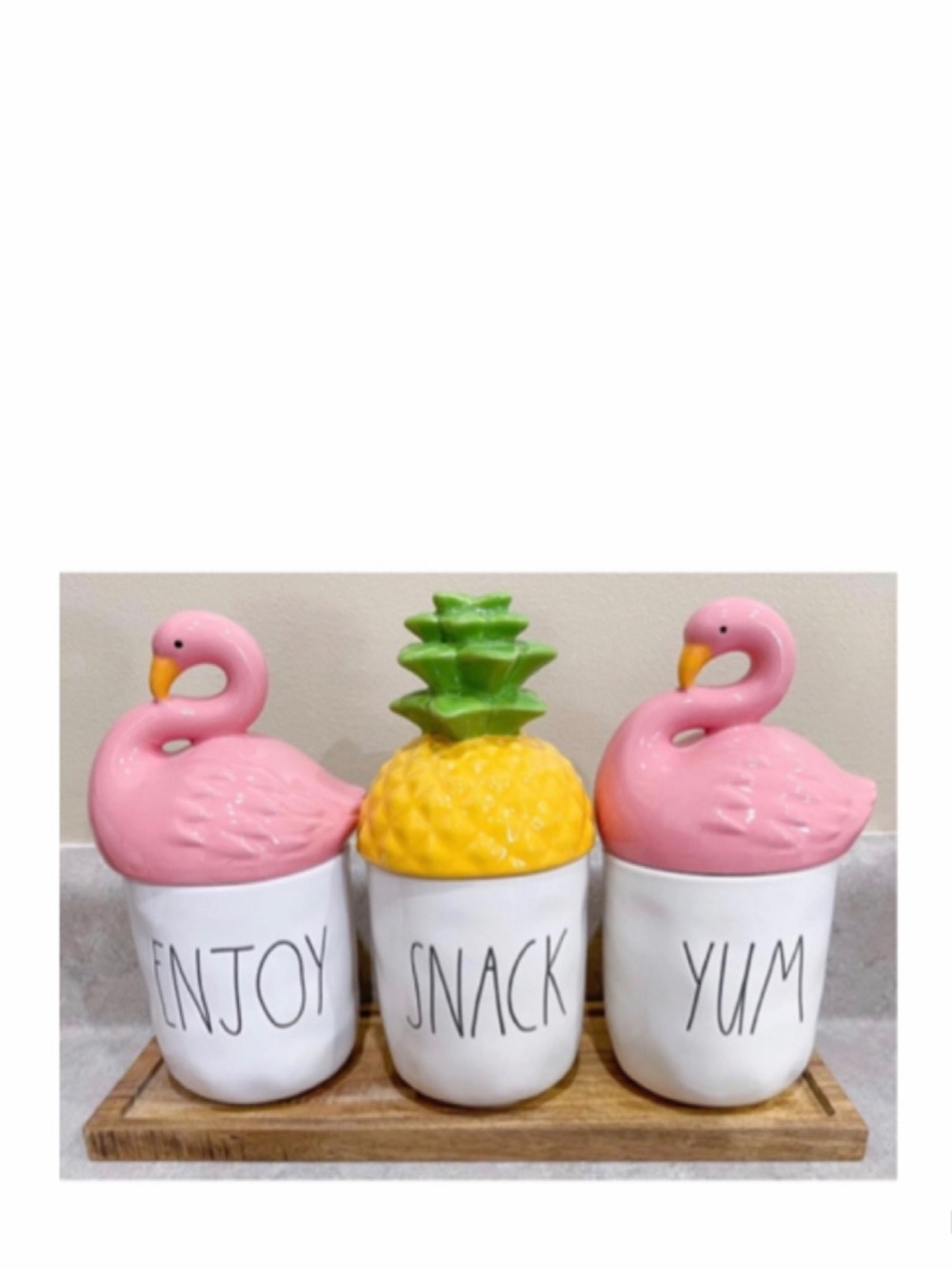 NEW Rae Dunn Enjoy Snack Yum Canister Cellars With Wooden Lids & Tray
